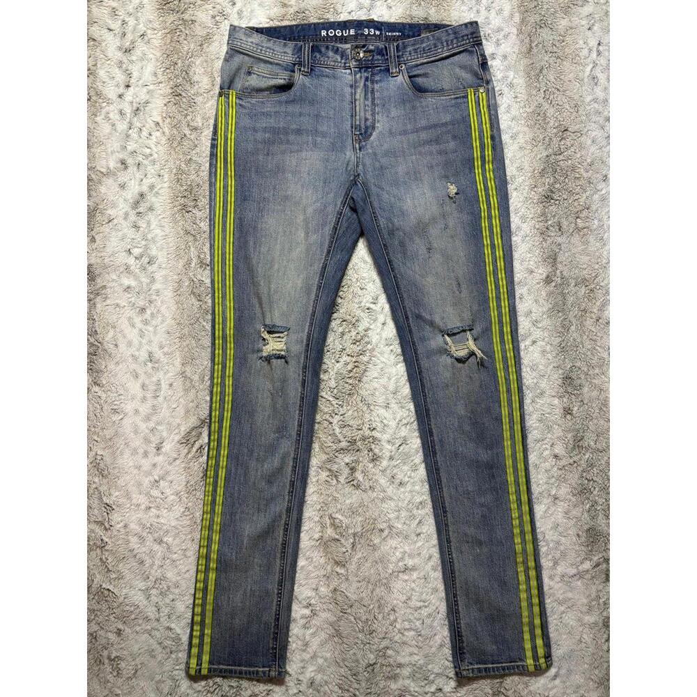 Rogue Skinny Jeans Neon Yellow Reflective Construction Stripes 33W 34x33